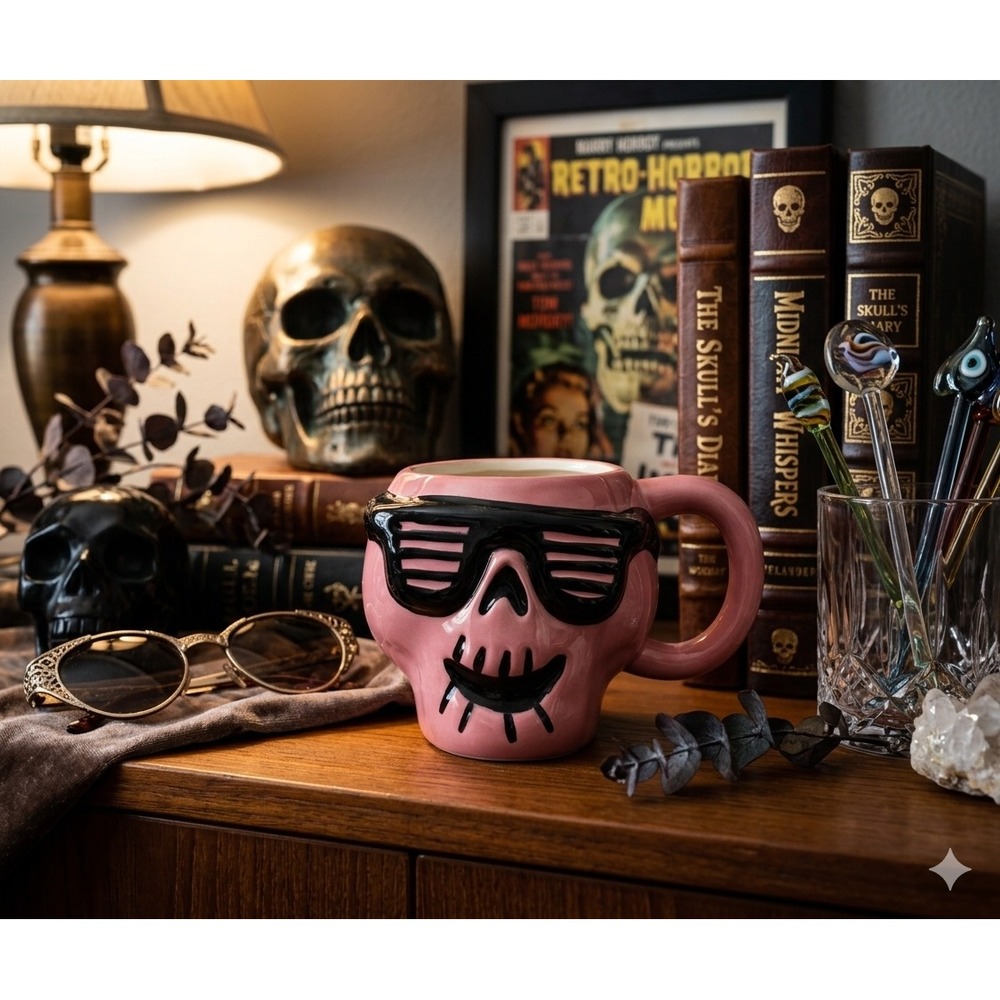 Hyde and EEK Boutique Pink Skull Mug Shutter Shades Halloween Earthenware Coffee